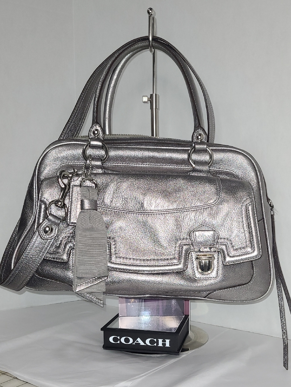 Coach Poppy Pushlock Metallic Silver Leather Satchel Handbag with Ribbon Charm